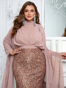 YISIKADO 大碼小高領斗篷袖亮片正式連衣裙 - 杏色 - 查看 4