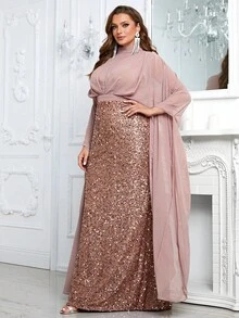 YISIKADO 大碼小高領斗篷袖亮片正式連衣裙 - 杏色 - 查看 5