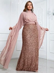 YISIKADO 大碼小高領斗篷袖亮片正式連衣裙 - 杏色 - 查看 6