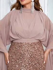 YISIKADO 大碼小高領斗篷袖亮片正式連衣裙 - 杏色 - 查看 7