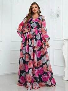 YISIKADO Plus Floral Print Lantern Sleeve Dress - Black - View 2