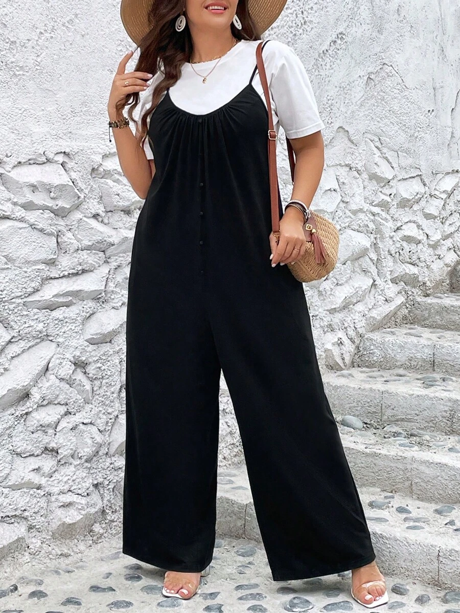 SHEIN LUNE Jumpsuits Plus Size Túi Nút phía trước màu trơn Giải trí - màu đen - Xem 1