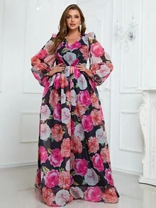 YISIKADO Plus Floral Print Lantern Sleeve Dress - Black - View 5