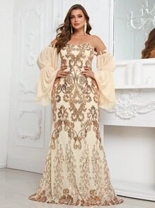 YISIKADO Plus Off Shoulder Flare Sleeve Sequin Formal Dress - Apricot - View 2
