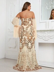 YISIKADO Plus Off Shoulder Flare Sleeve Sequin Formal Dress - Apricot - View 3