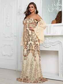 YISIKADO Plus Off Shoulder Flare Sleeve Sequin Formal Dress - Apricot - View 4