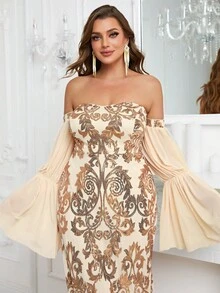 YISIKADO Plus Off Shoulder Flare Sleeve Sequin Formal Dress - Apricot - View 5