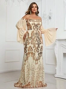 YISIKADO Plus Off Shoulder Flare Sleeve Sequin Formal Dress - Apricot - View 6