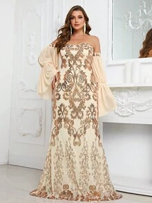 YISIKADO Plus Off Shoulder Flare Sleeve Sequin Formal Dress - Apricot - View 7