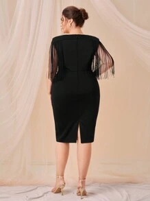 SHEIN Belle Talla grande Vestido ribete con fleco con abertura trasera - Negro - Ver 2