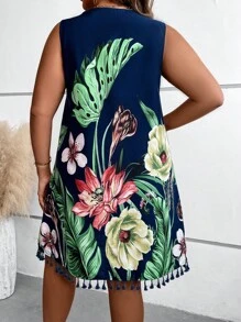 SHEIN LUNE 大碼熱帶圖案流蘇邊繫帶領連衣裙 - 彩色 - 查看 2