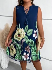 SHEIN LUNE 大碼熱帶圖案流蘇邊繫帶領連衣裙 - 彩色 - 查看 5