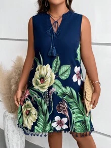 SHEIN LUNE 大碼熱帶圖案流蘇邊繫帶領連衣裙 - 彩色 - 查看 1