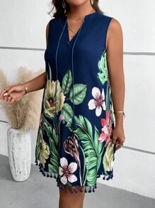 SHEIN LUNE 大碼熱帶圖案流蘇邊繫帶領連衣裙 - 彩色 - 查看 6