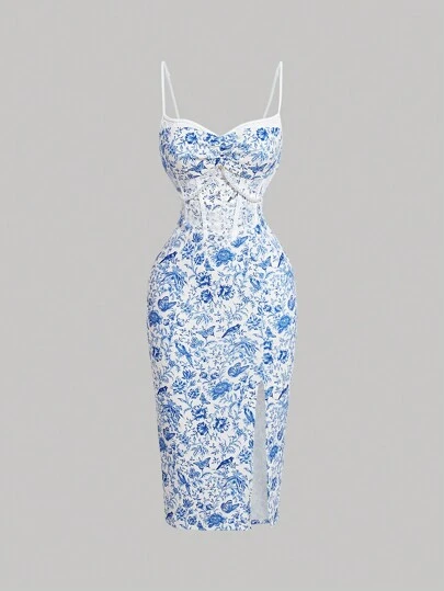 SHEIN MOD 花卉和蝴蝶圖案高衩吊帶連衣裙