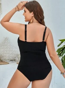 SHEIN Swim Curve Summer Beach Plus Contrast Mesh Underwire One Piece Swimsuit - Black - View 2
