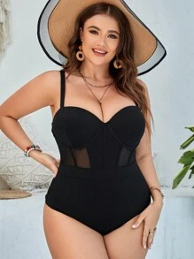 SHEIN Swim Curve Summer Beach Plus Contrast Mesh Underwire One Piece Swimsuit - Black - View 4