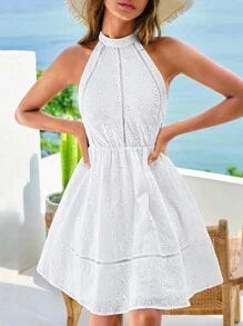 SHEIN VCAY 網眼刺繡繞頸連衣裙 - 白色 - 查看 4