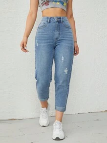 SHEIN EZwear Ripped Mom Fit Jeans - Light Wash - View 4