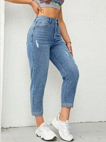 SHEIN EZwear Ripped Mom Fit Jeans - Light Wash - View 7