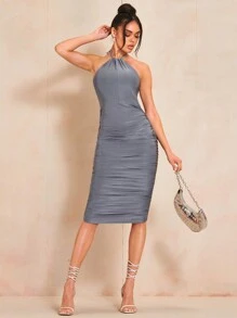 SHEIN BAE 素色褶邊繞頸露背緊身連衣裙 - 灰色 - 查看 4
