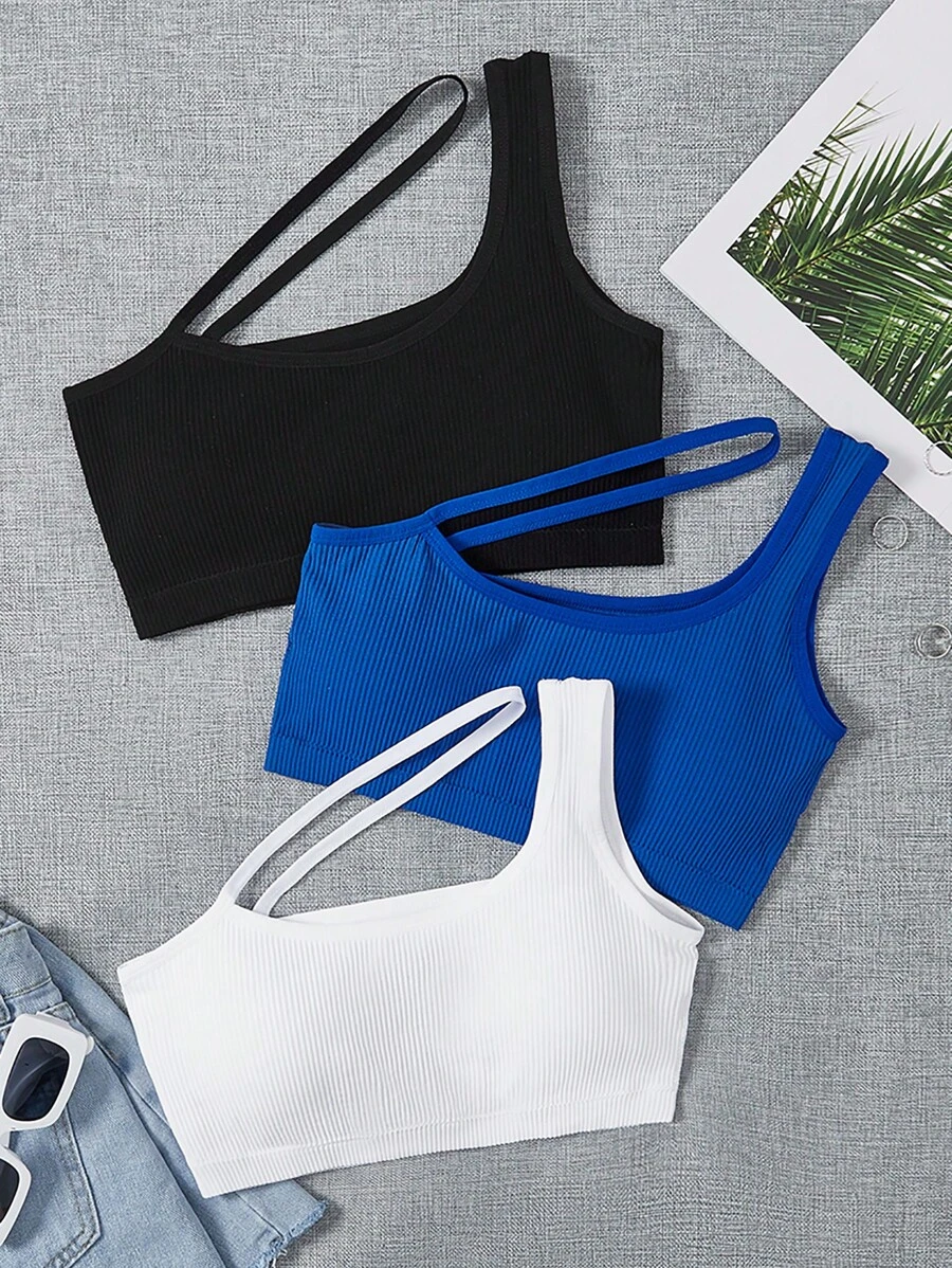 Easithlete 3 piezas Sujetador deportivo de un hombro tejido de canalé - Multicolor - Ver 1