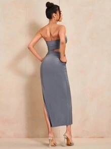 SHEIN BAE 鏤空高衩抹胸連衣裙 - 深灰色 - 查看 2