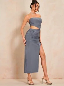 SHEIN BAE 鏤空高衩抹胸連衣裙 - 深灰色 - 查看 7