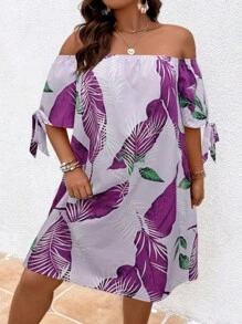 SHEIN LUNE 大碼熱帶圖案一字肩打結袖口露肩連衣裙 - 紫丁香色 - 查看 1