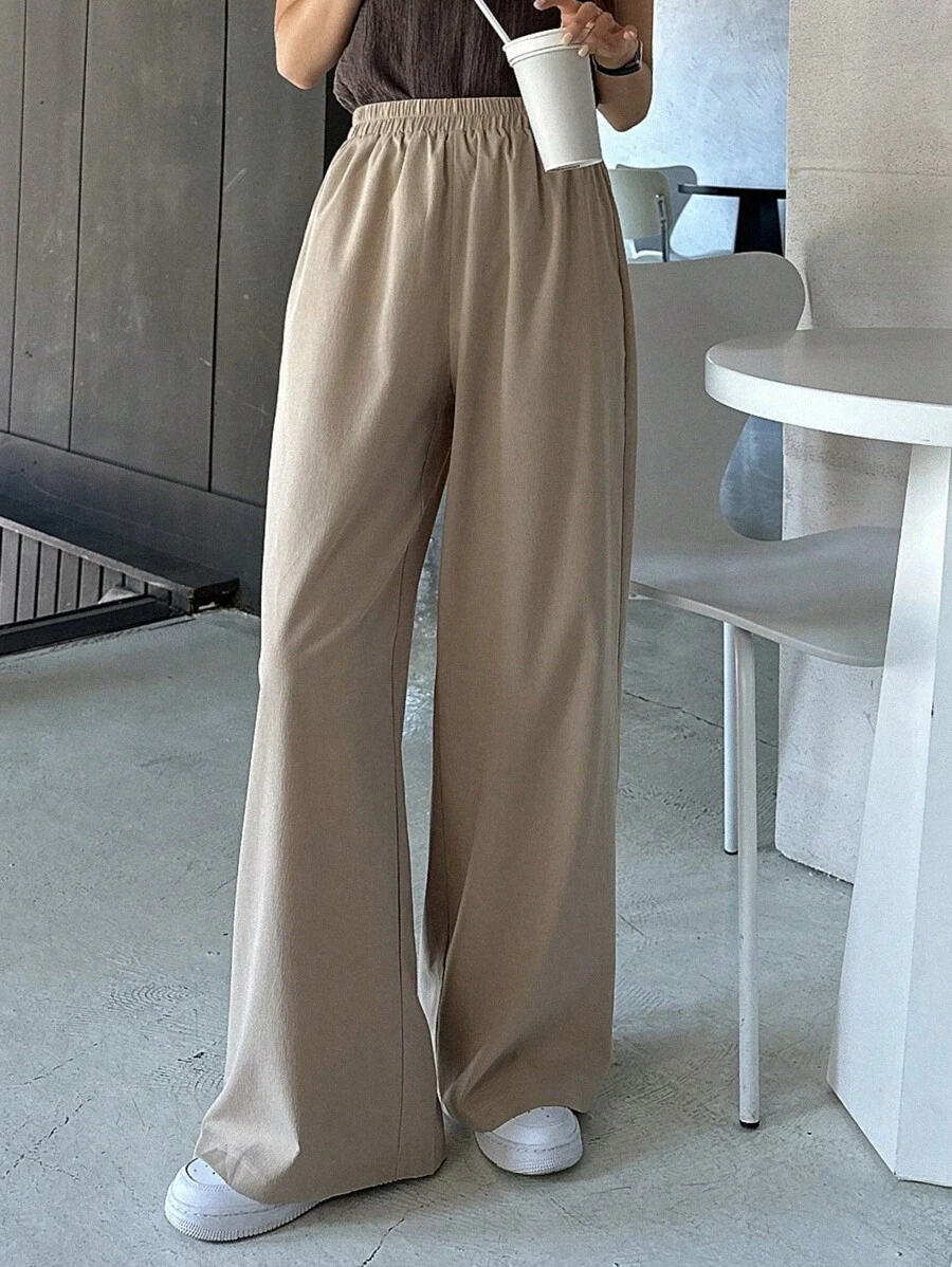 DAZY 實色闊腳褲 - 卡其色 - 查看 1