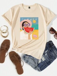 人像圖案T恤 - 杏色 - 查看 1