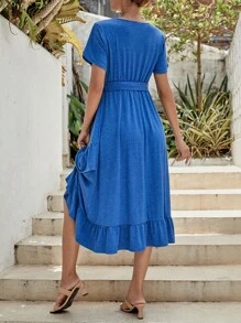 SHEIN 孕婦花瓣袖荷葉邊圍裹繫腰帶連衣裙 - 藍色 - 查看 2