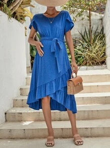 SHEIN 孕婦花瓣袖荷葉邊圍裹繫腰帶連衣裙 - 藍色 - 查看 3