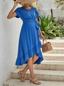 SHEIN 孕婦花瓣袖荷葉邊圍裹繫腰帶連衣裙 - 藍色 - 查看 5