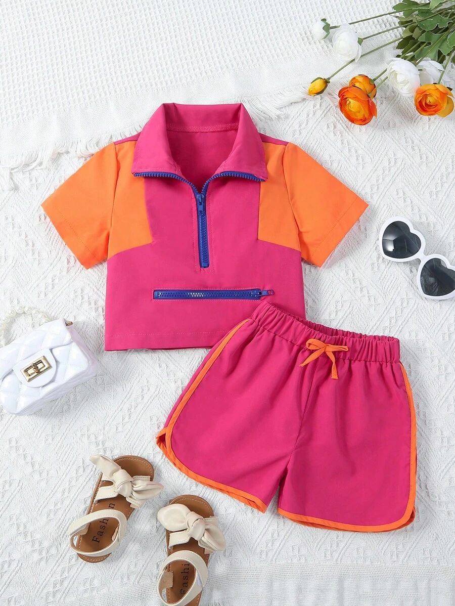 SHEIN Kleinkind Mädchen Farbblock, halbem Reißverschluss, Top mit & Knoten vorn, Shorts mit