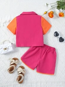 SHEIN Kleinkind Mädchen Farbblock, halbem Reißverschluss, Top mit & Knoten vorn, Shorts mit