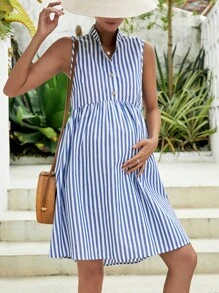 SHEIN 孕婦條紋印花半排扣連衣裙 - 藍白色 - 查看 1