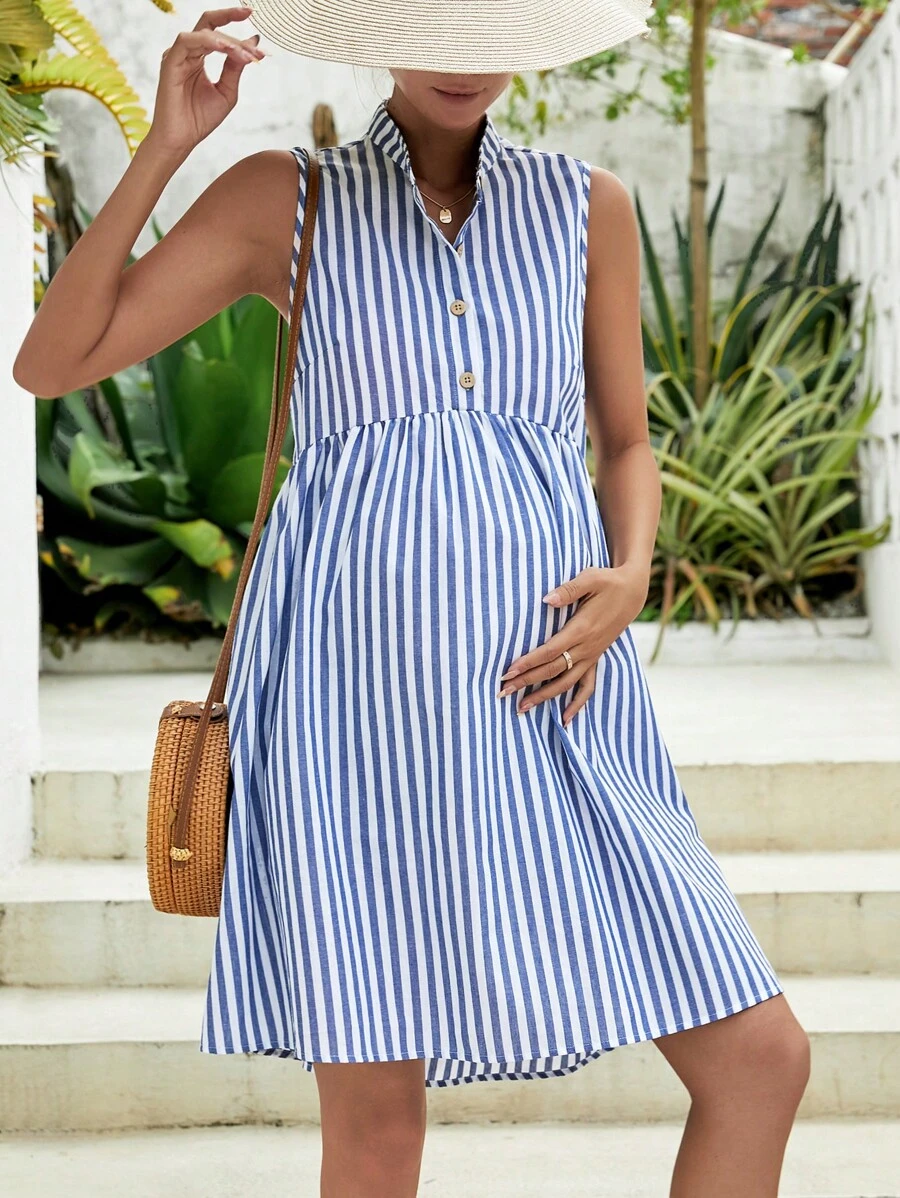 SHEIN 孕婦條紋印花半排扣連衣裙 - 藍白色 - 查看 1