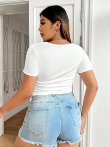 SHEIN EZwear Plus Size Solid Round Neck Casual Crop Baby Tee - White - View 2