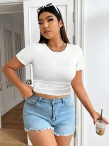 SHEIN EZwear Plus Size Solid Round Neck Casual Crop Baby Tee - White - View 4