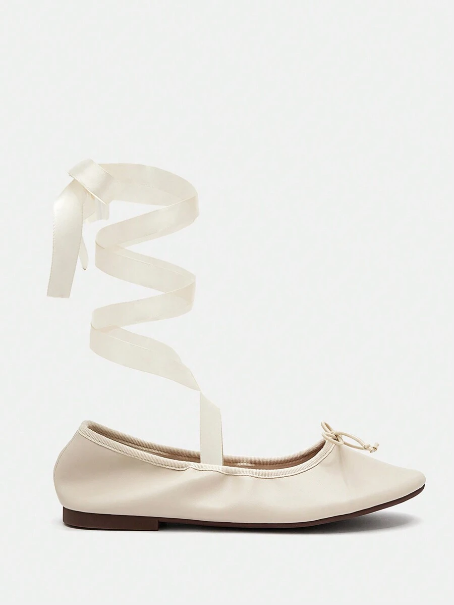 SheIn MOD Phụ nữ buộc chân thiết kế nơ trang trí giày ba lê, giày đế bằng ngoài trời thời trang - Màu be - Xem 1