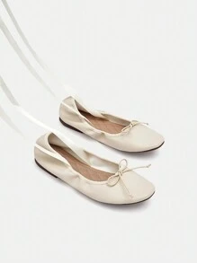 SheIn MOD Phụ nữ buộc chân thiết kế nơ trang trí giày ba lê, giày đế bằng ngoài trời thời trang - Màu be - Xem 7