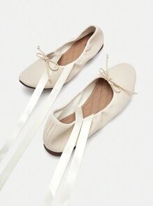 SheIn MOD Phụ nữ buộc chân thiết kế nơ trang trí giày ba lê, giày đế bằng ngoài trời thời trang - Màu be - Xem 8