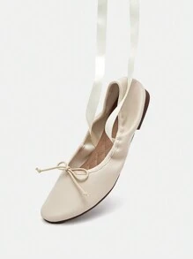 SheIn MOD Phụ nữ buộc chân thiết kế nơ trang trí giày ba lê, giày đế bằng ngoài trời thời trang - Màu be - Xem 10