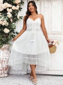 SHEIN Holidaya Vestido de tirantes ribete con fleco con encaje - Blanco - Ver 1