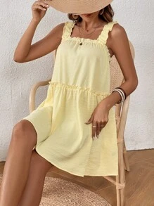 SHEIN VCAY Frill Trim Solid Smock Dress - Yellow - View 1