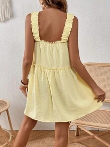 SHEIN VCAY Frill Trim Solid Smock Dress - Yellow - View 2