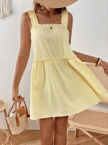 SHEIN VCAY Frill Trim Solid Smock Dress - Yellow - View 3