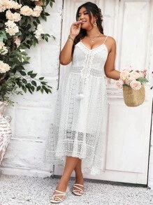 SHEIN Holidaya Vestido de tirantes ribete con fleco con encaje - Blanco - Ver 4