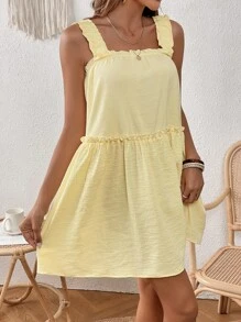 SHEIN VCAY Frill Trim Solid Smock Dress - Yellow - View 4